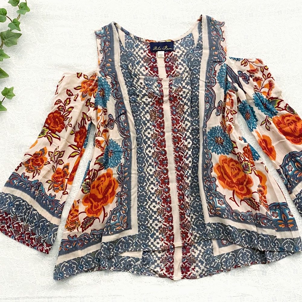 Blue Rain boho cold-shoulder vibrant floral bell sleeve top - Picture 1 of 7